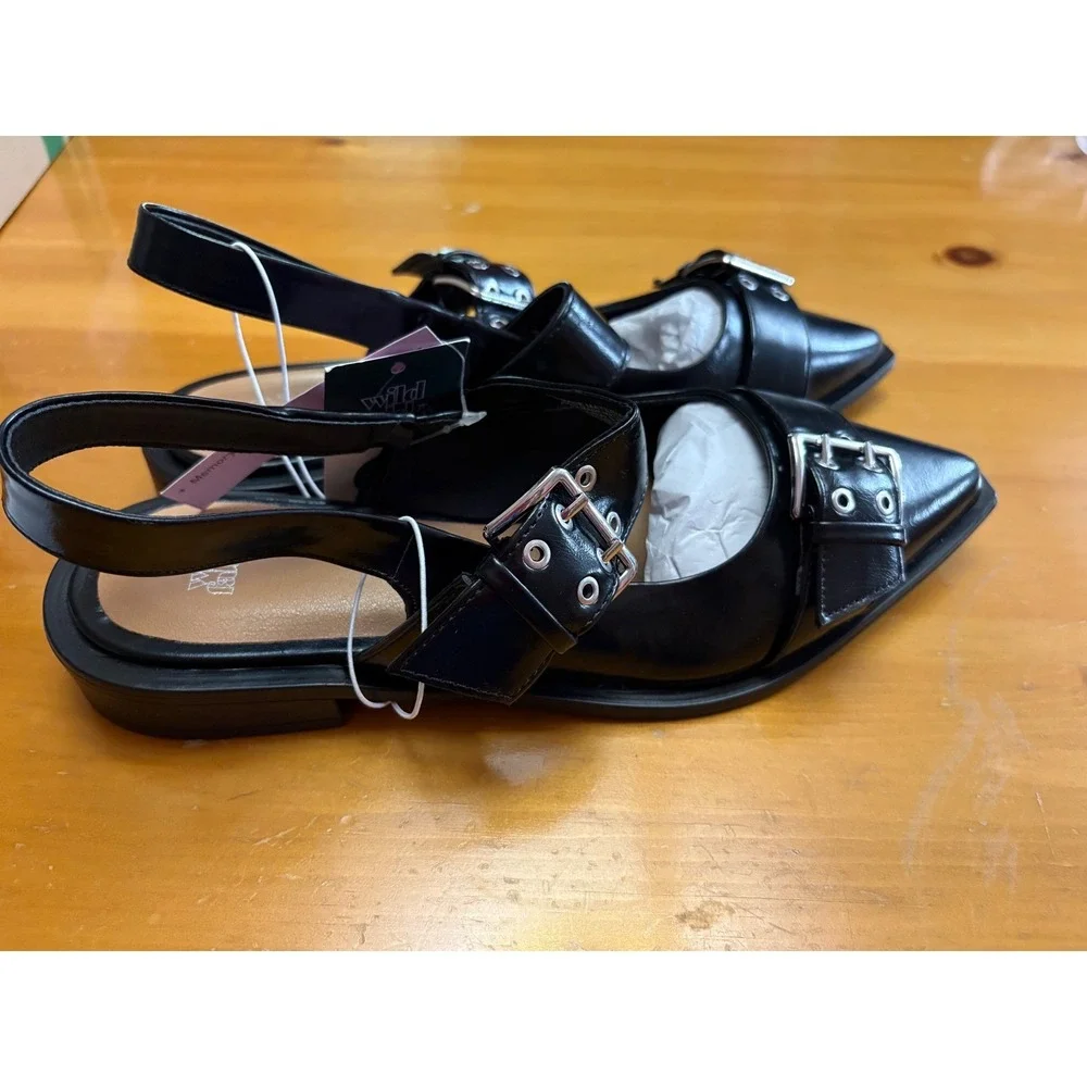 Wild Fable Peyton Double Buckle Slingback Flats Black Pointed Toe Womens 10